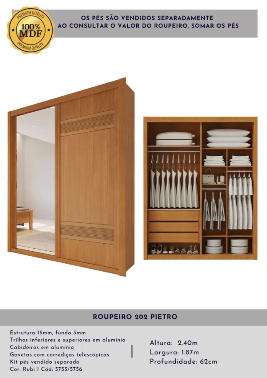 Roupeiro 202 Pietro 100% MDF 1.87m