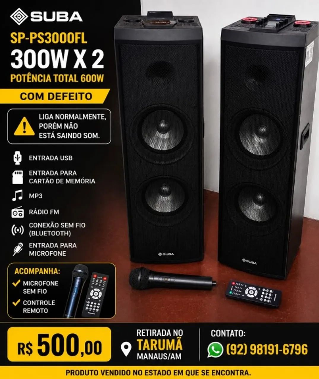 SOM SUBA SP-PS3000FL - 300W x 2 - COM DEFEITO