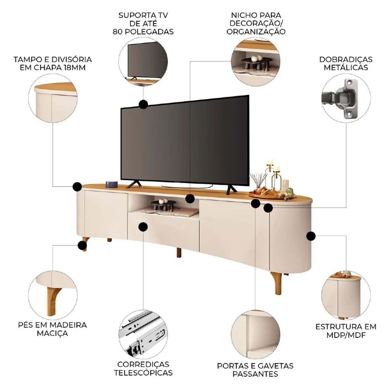 Rack Bancada 2.0 Para Tv até 80 Polegadas Desing Orgânico Pés em Madeira Maciça - Foto 3