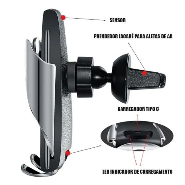 Suporte Veicular Carregador Induçao Universal Abre Fecha Sensor Qi Celular Automatico