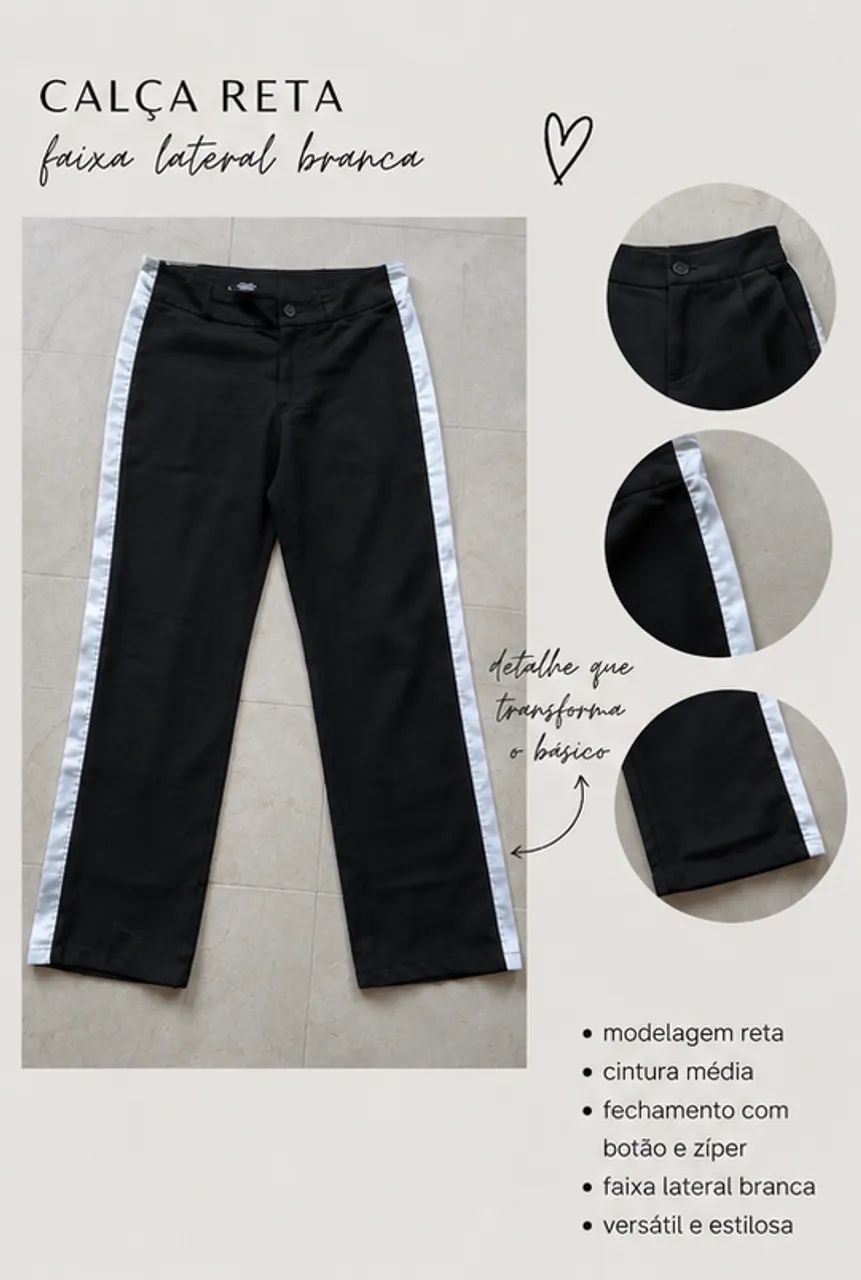 Calça preta reta com faixa lateral branca