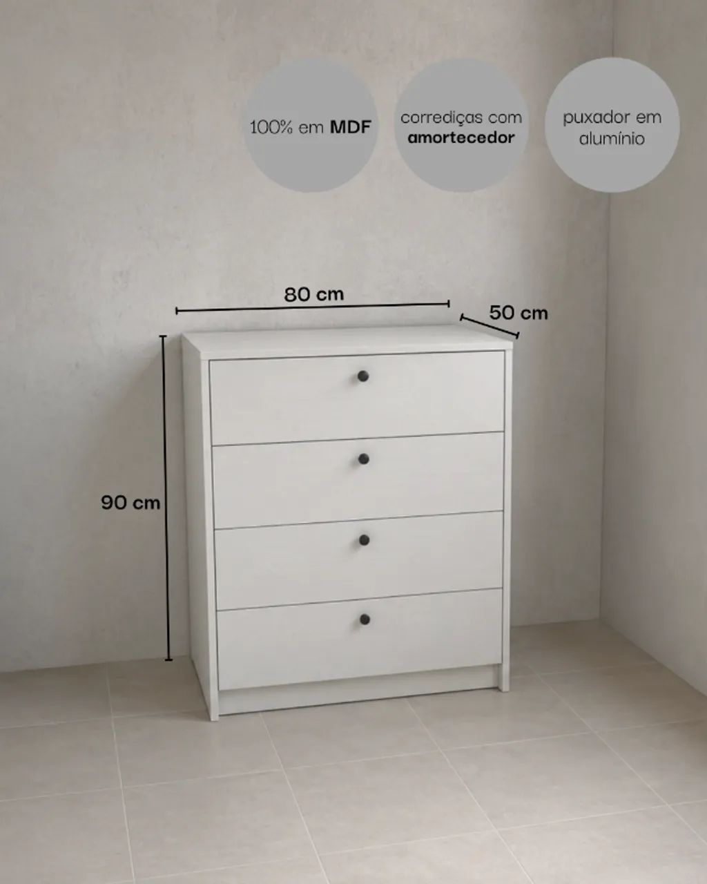 Cômoda 4 Gavetas MDF Branco - Foto 3