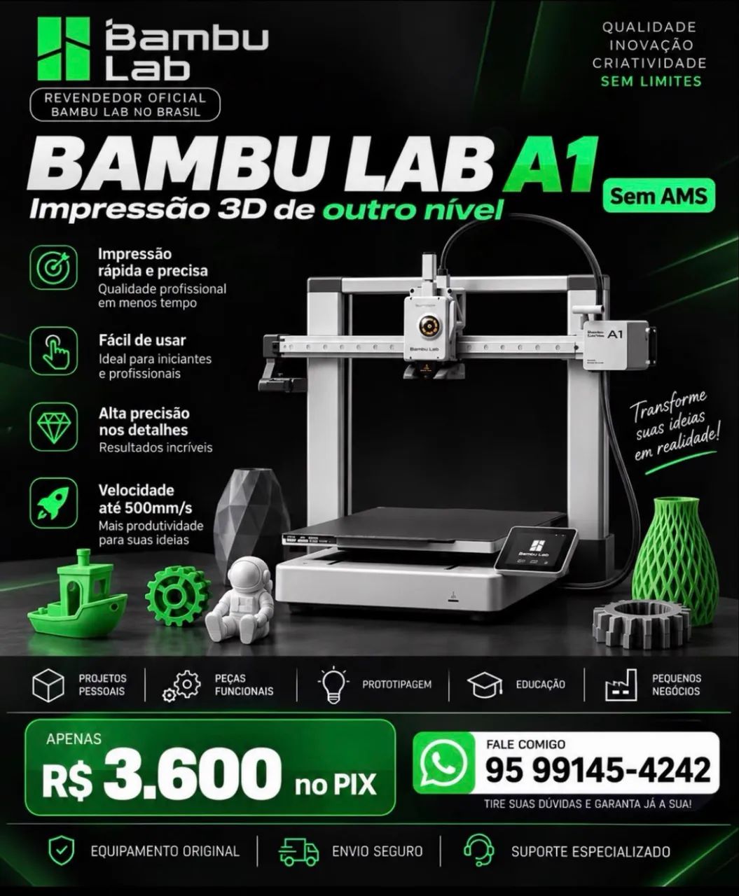 Pronta entrega! Impressora 3D Bambu Lab A1 sem AMS