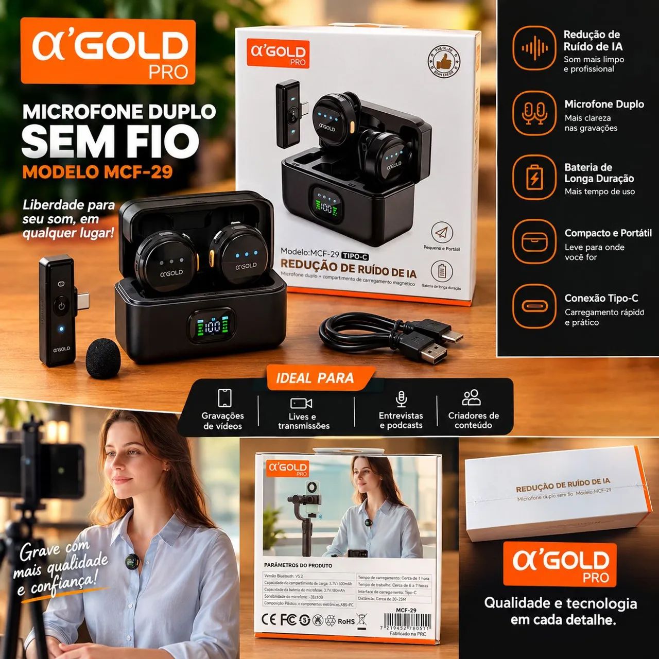 Microfone Lapela Sem Fio A'Gold MCF-29TIPO-C USB Tipo-C