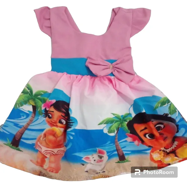 Vestido Infantil Moana Baby Rosa Temático Aniversário Rodado