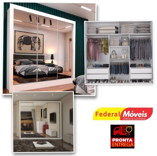 Guarda Roupas Galaxy 3 Portas de Correr Espelhado - Promoção - Fazemos Entrega