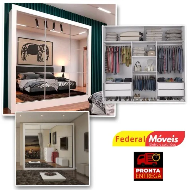 Guarda Roupas Galaxy 3 Portas de Correr Espelhado - Promoção - Fazemos Entrega