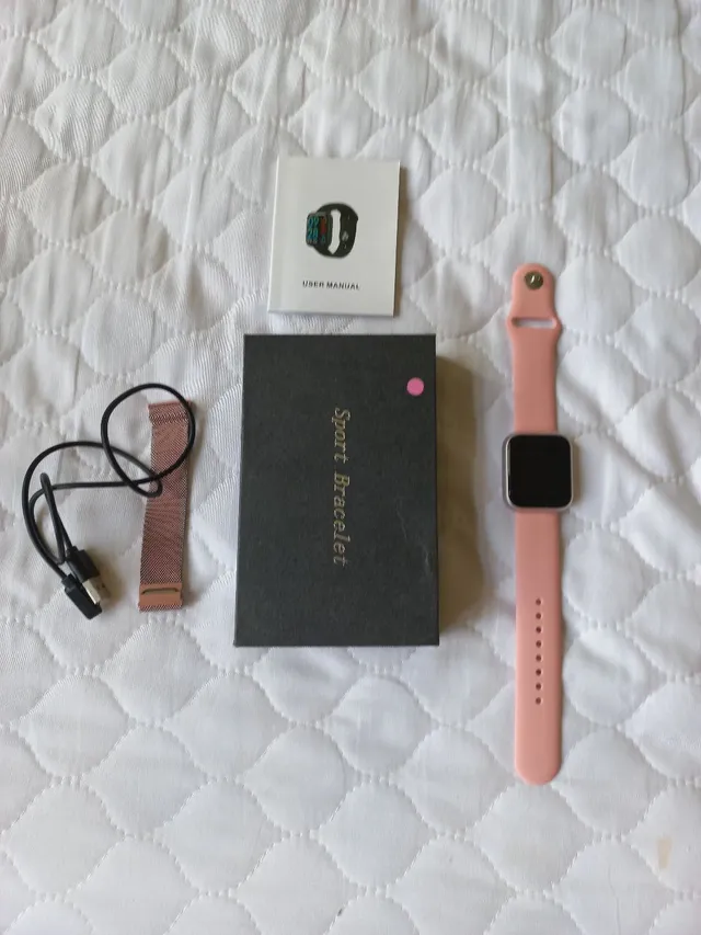 Relógio Smart watch P80 Pedômetro Bluetooth Pressão Arterial Frequência  Cardíaca Oxigênio(Rosa) com 2 Pulseiras (aço e borracha)