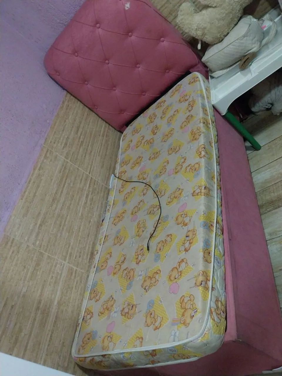 Children's Box Bed Set: Box Base + Mattress + Headboard in Pink Suede