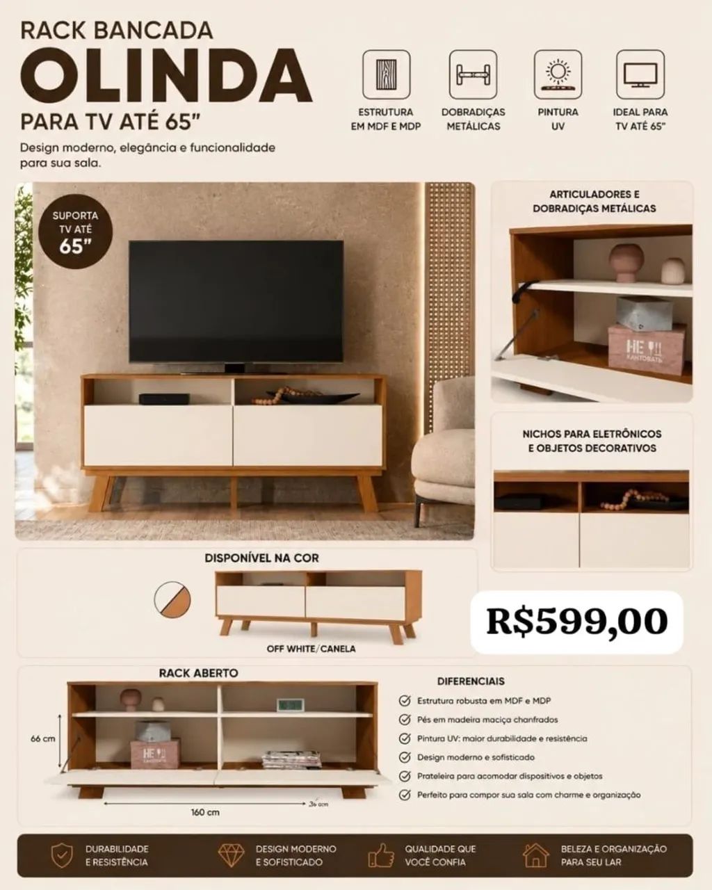 Rack bancada Olinda para tv de ate 65"