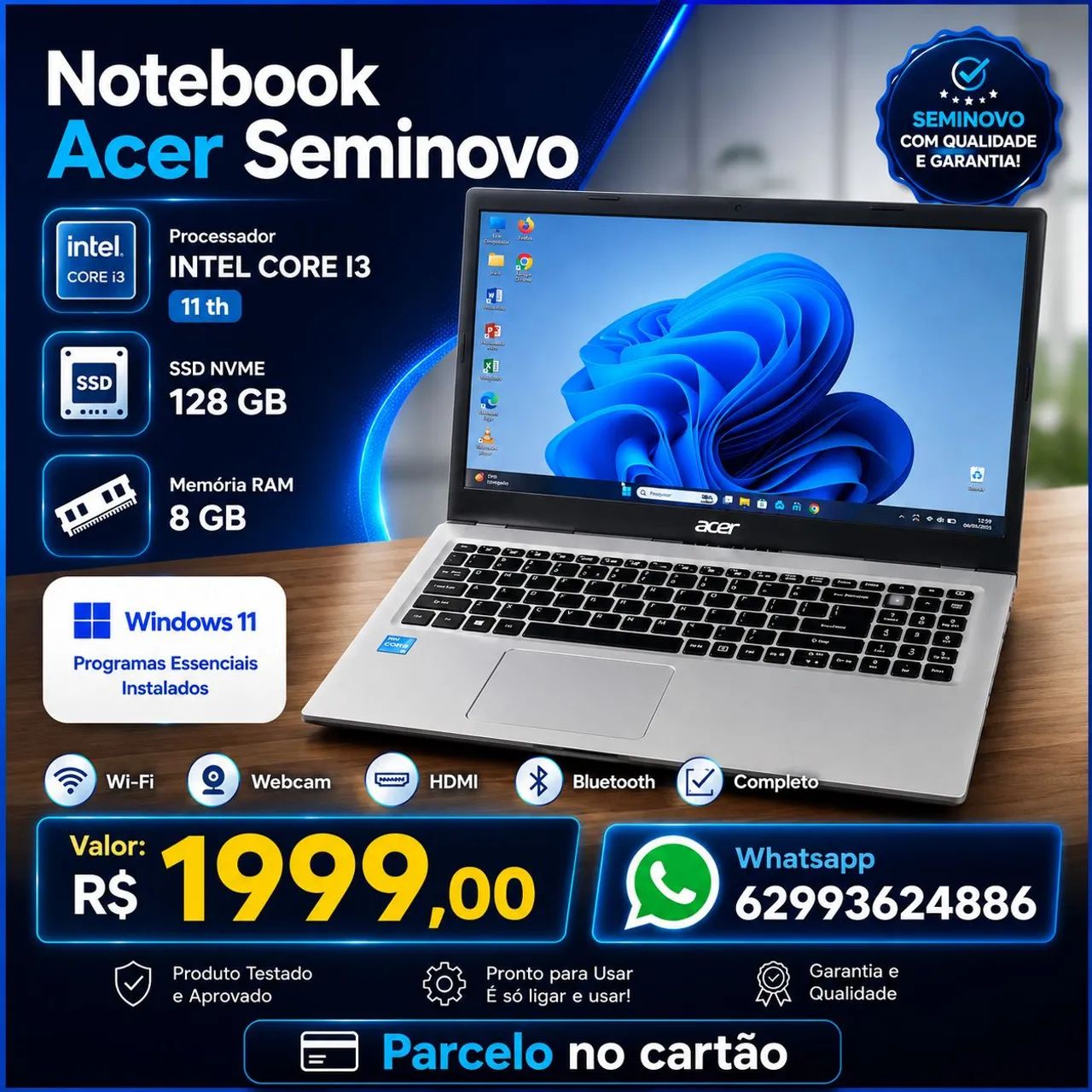 Notebook Acer Core I3 SSD Windows 11 Seminovo com Garantia 