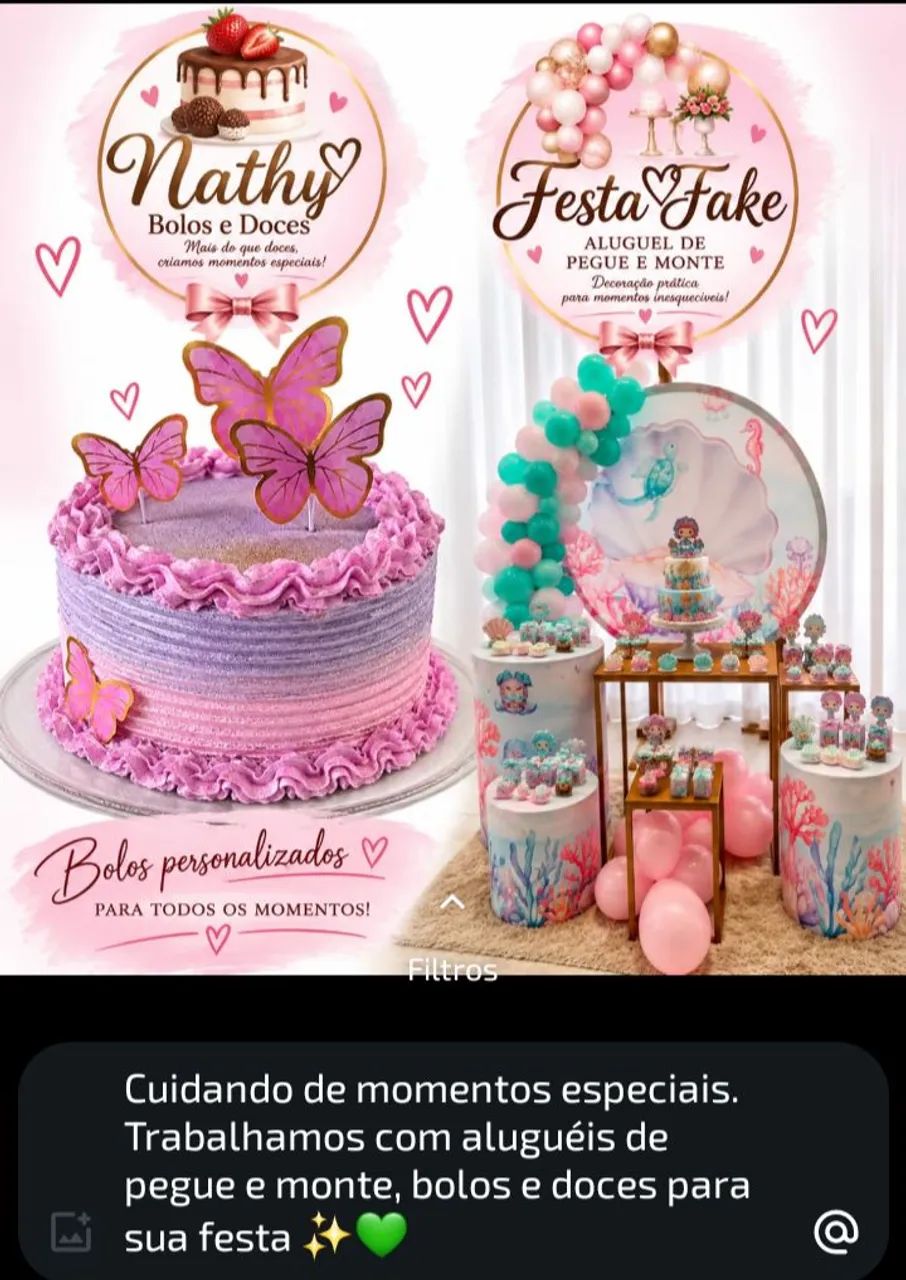 Bolos, Doces, Aluguel de Pegue e Monte.