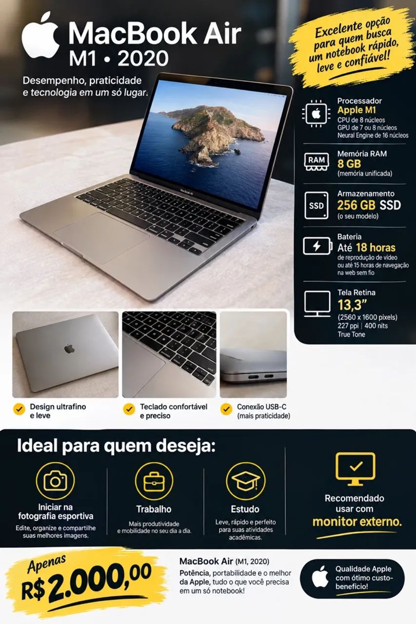 Macbook M1 Air 2020 - 8GB de Ram 256GB