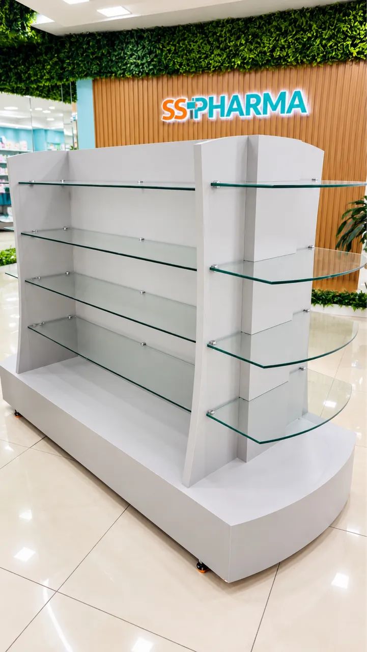 Expositor Central Laqueado com Vidros e Rodízios - Alto Padrão