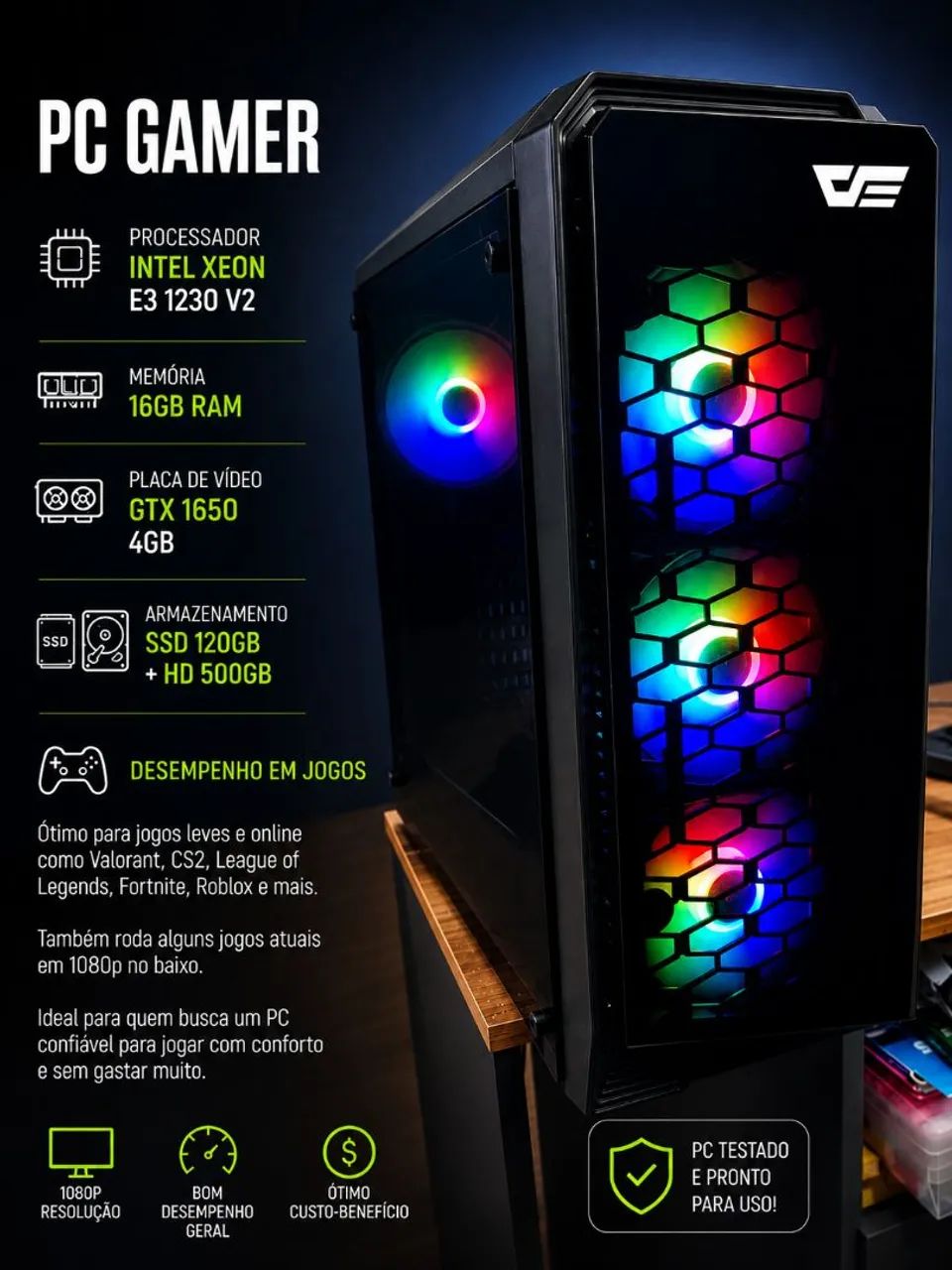 PC gamer Xeon + GTX 1650 + SSD + placa Wi-fi + 16gb RAM