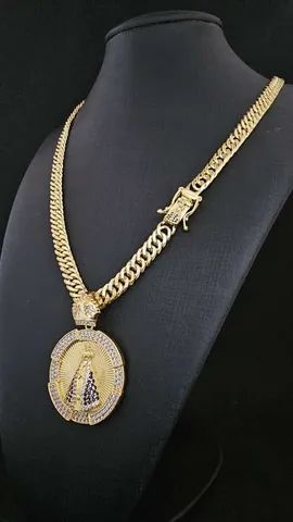 Cordão malha Grumet 13mm lançamento pingente nossa senhora cravejada banhados a ouro 18k