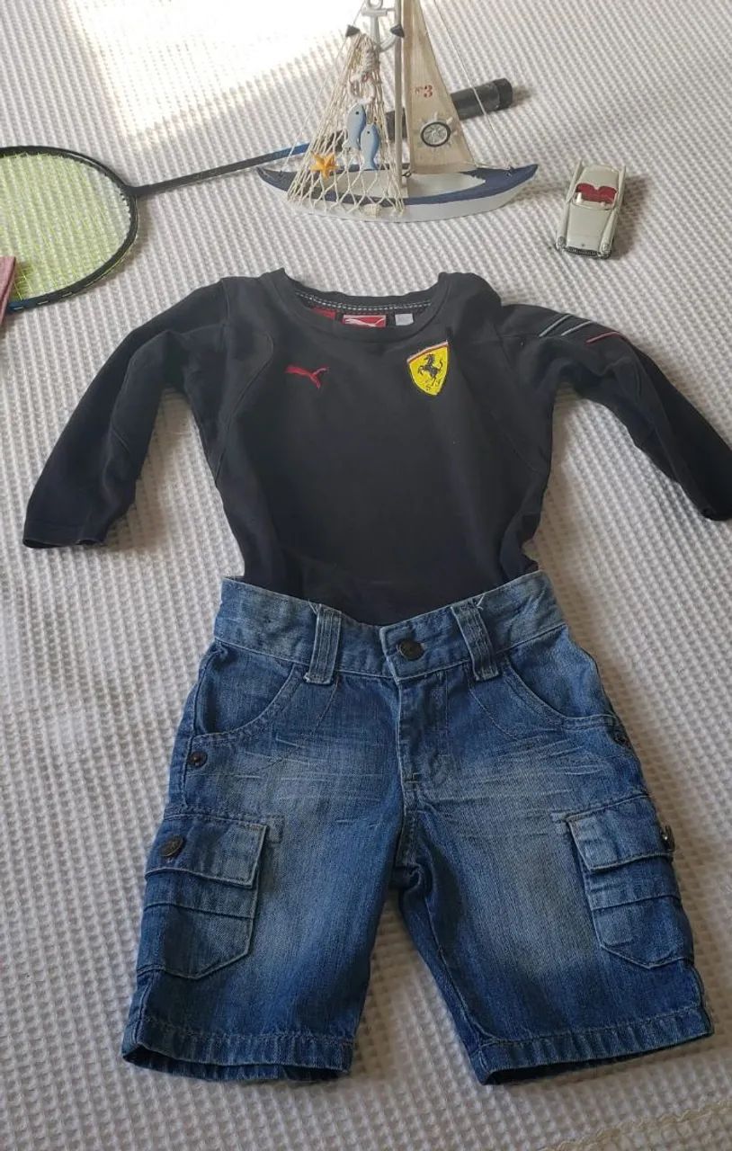 Conjunto infantil camisa Puma Ferrari e Bermuda jeans da Mania Kids Número 2.