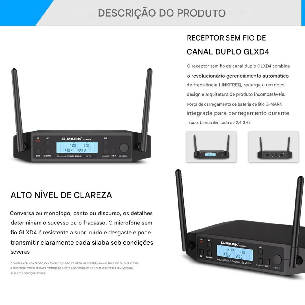 MICROFONE HEADSET DUPLO SEM FIO G-MARK GLXD-4 ? UHF COM 2 BODYPACKS - Cardioide Direcional - Foto 6