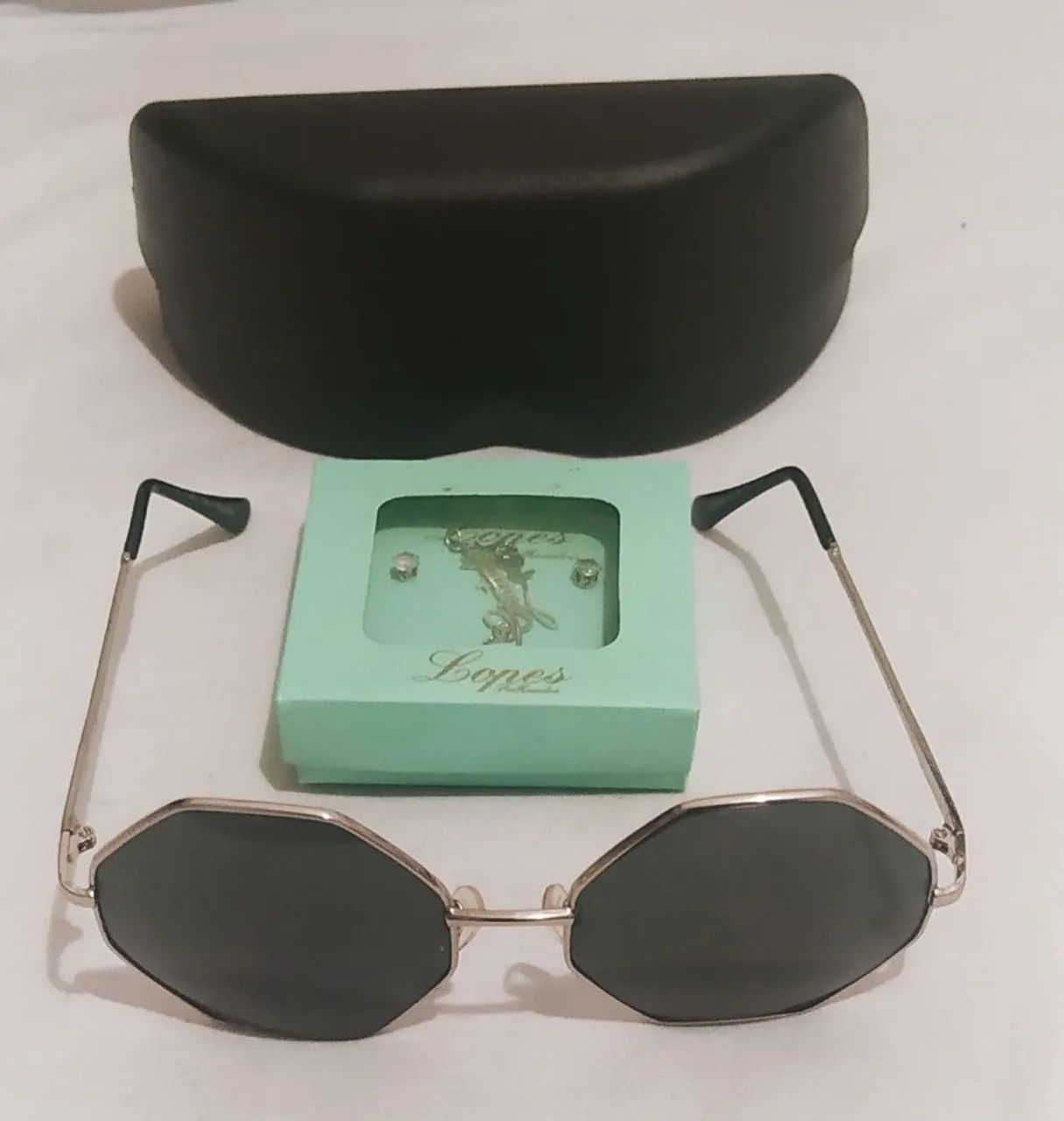 Óculos Sol Vintage + Conjunto Brincos Colar Lopes Folheados 