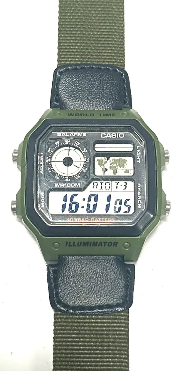 Relógio Casio Masculino Quadrado Ae-1200whb-3bvdf Original Pulseira Preta/verde Milita