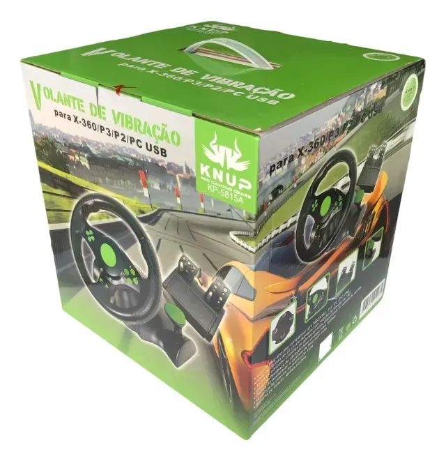 Volante de Vibração c/ Pedal e Cambio Gamer Pro Kp-5815a P/ Xbox 360 PS3 PS2 PC USB Preto/