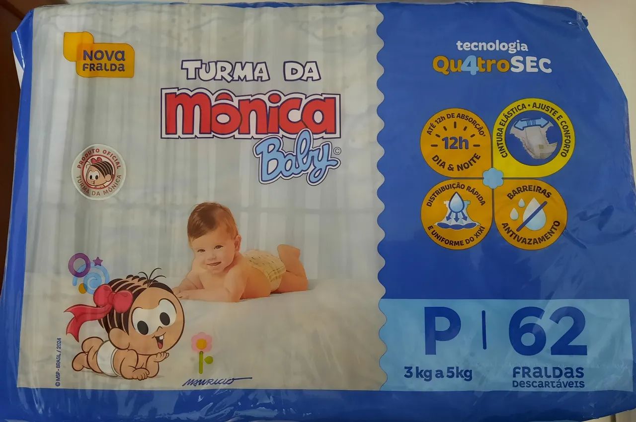 Kit 3 pacotes de Fraldas Turma da Mônica Baby P 62 - 3kg a 5kg