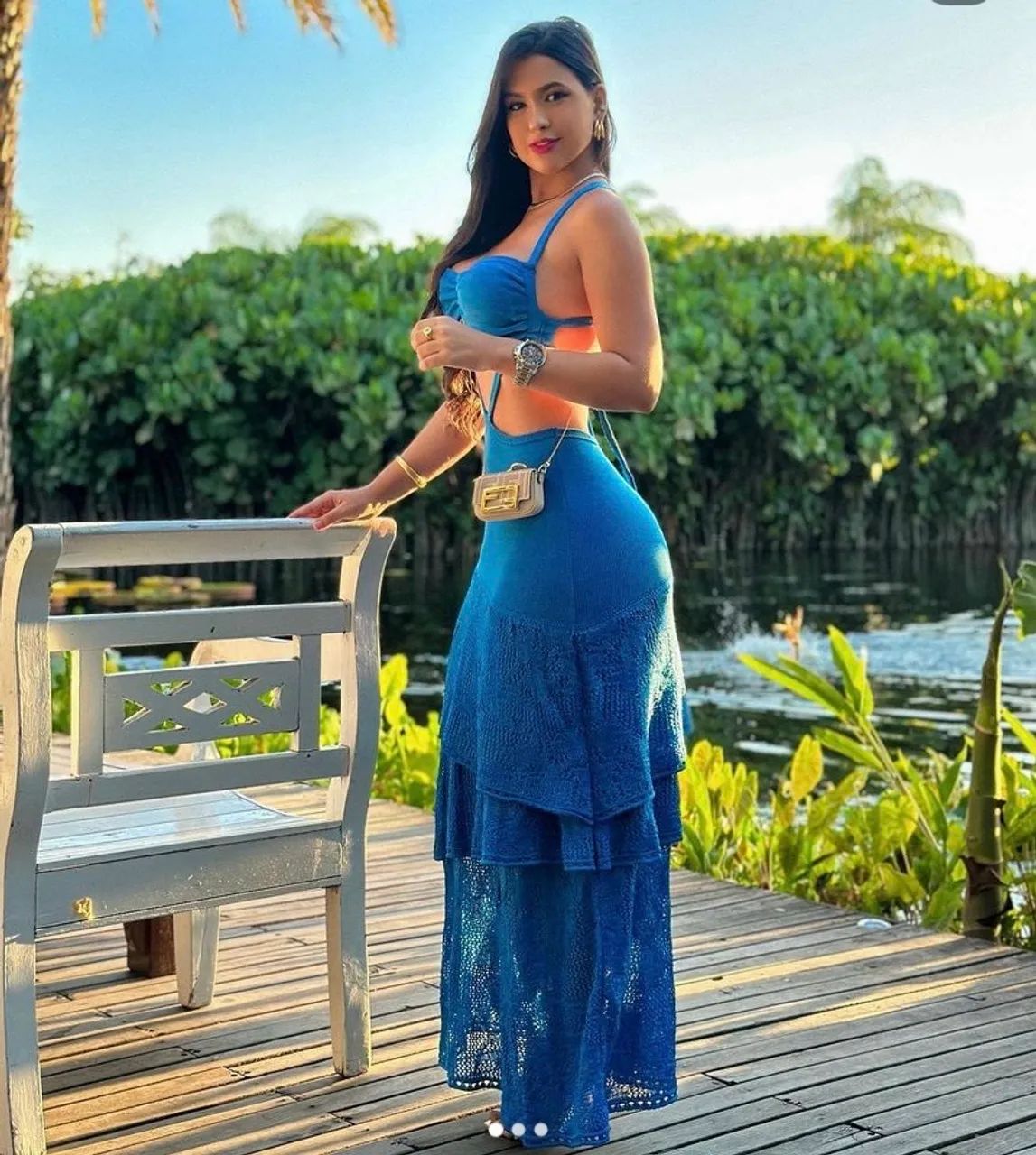 Vestido Longo Azul Elegante tricô  - Foto 3