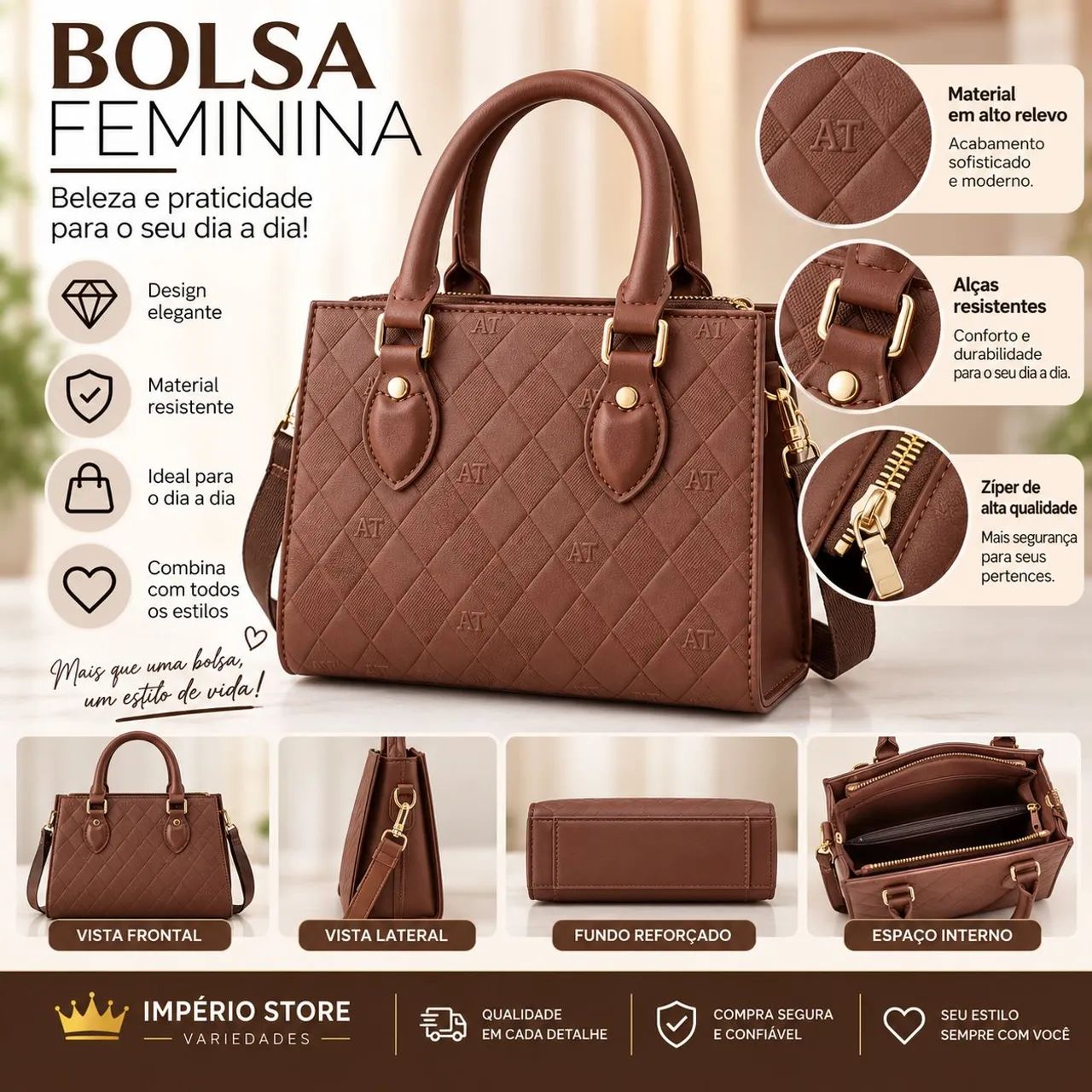 Bolsa Feminina Elegante com Alça Transversal Ajustável - Foto 3