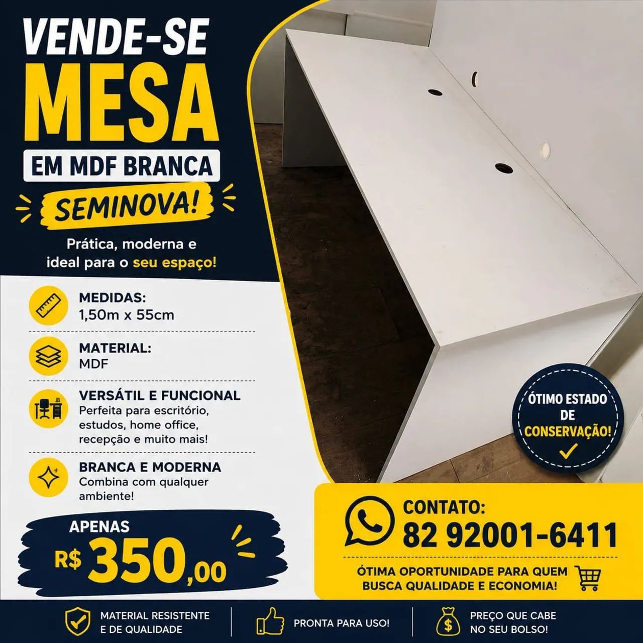 Mesa em MDF 150x55 seminova 