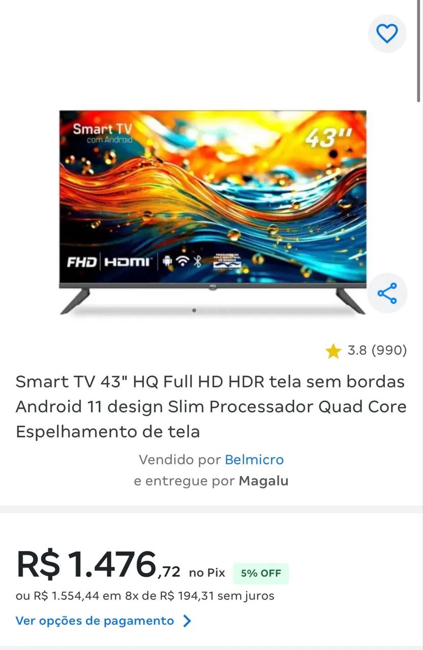 Smart TV 43" HQ Full HD HDR tela sem bordas Android 11 - Foto 2
