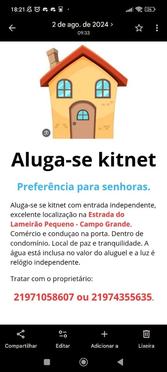 Aluga- se kitnet para senhoras sozinhas