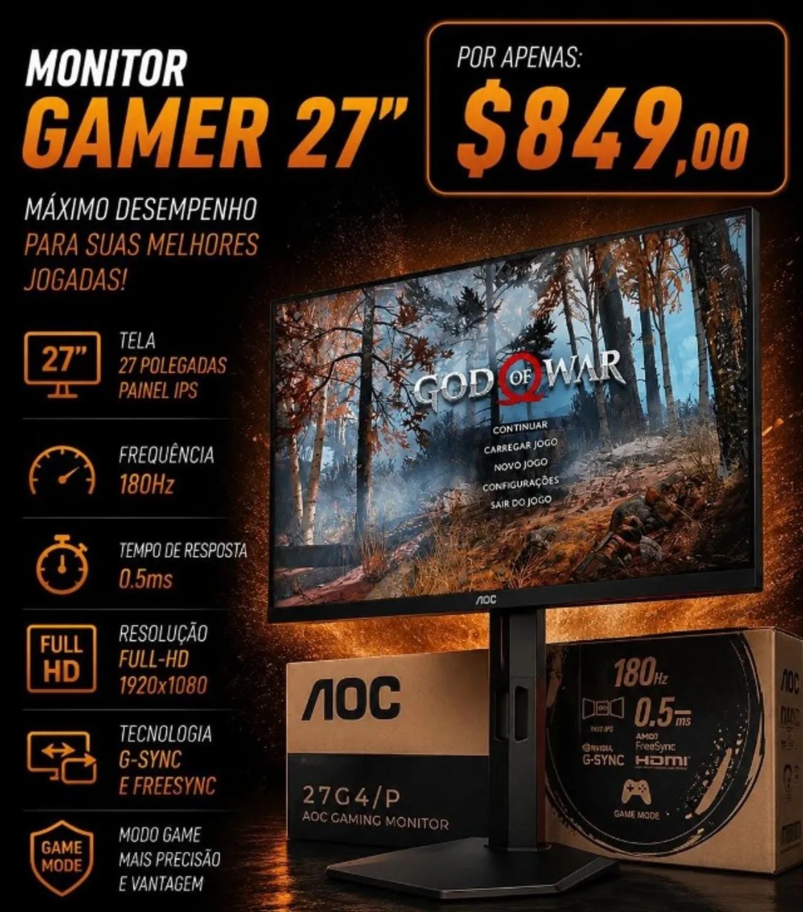 Monitor Gamer 27" AOC (IPS / 180Hz / 0.5ms / G-SYNC / FreeSync / Full-HD)