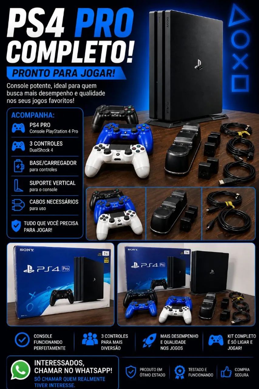 PS4 PRO COMPLETO - 3 CONTROLES + BASE CARREGADORA