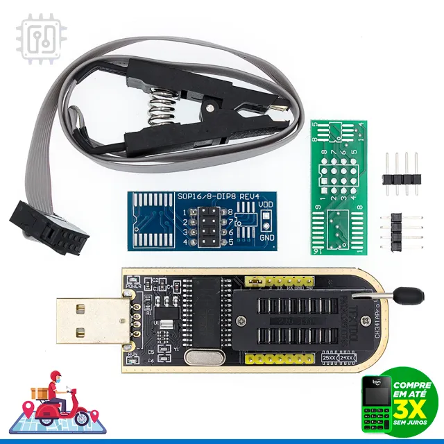 Kit Gravadora Programadora CH341A Pinça Garra Clip Jacaré SOIC8 Eprom Bios
