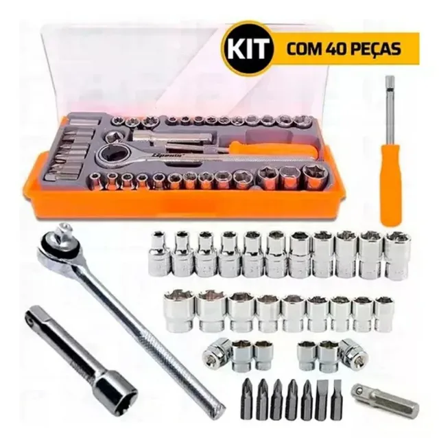 Jogo de bits e soquetes com chave catraca 1/4 40 peças - Pronta Entrega