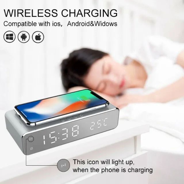 Relógio De Mesa Digital Led E Carregador Wireless Sem Fio - Foto 3