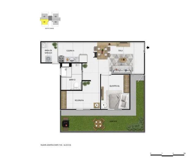 NA - Apartamento de 1 quarto PNE + área Garden 