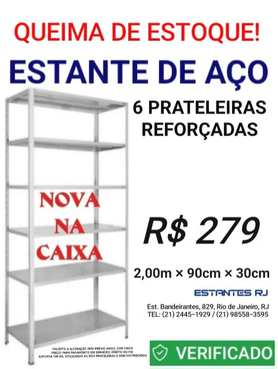 Estante de Aço / Ferro 6 Prateleiras Reforçadas NOVA NA CAIXA (2,00X90X30)