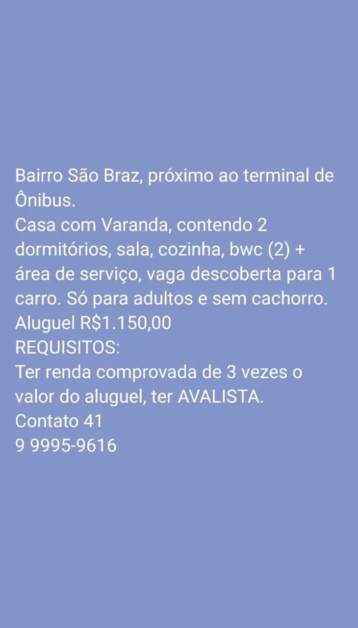 Alugo casa 2 dormitórios 