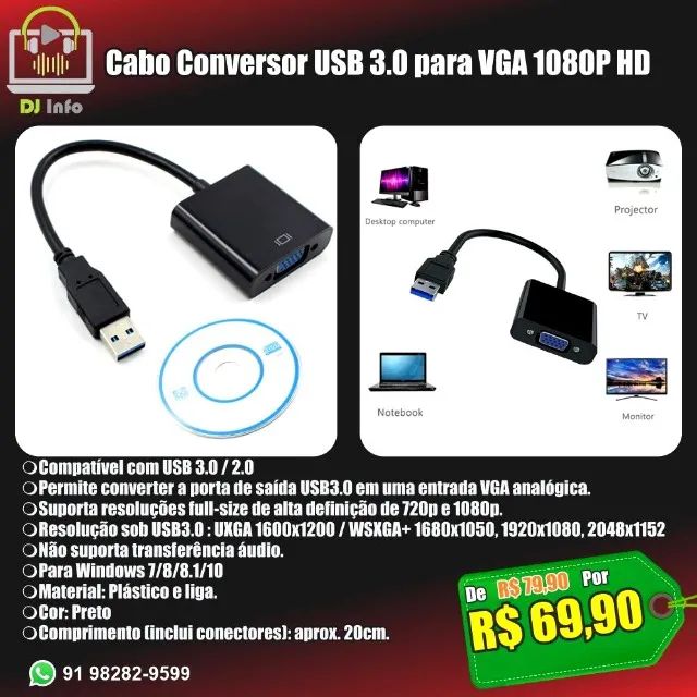 Cabo Conversor USB 3.0 para VGA 1080P HD