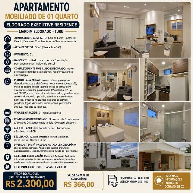 Apartamento Completamente Mobiliado 01 Quarto- Eldorado Executive (Jardim Eldorado - Turu) - Foto 2