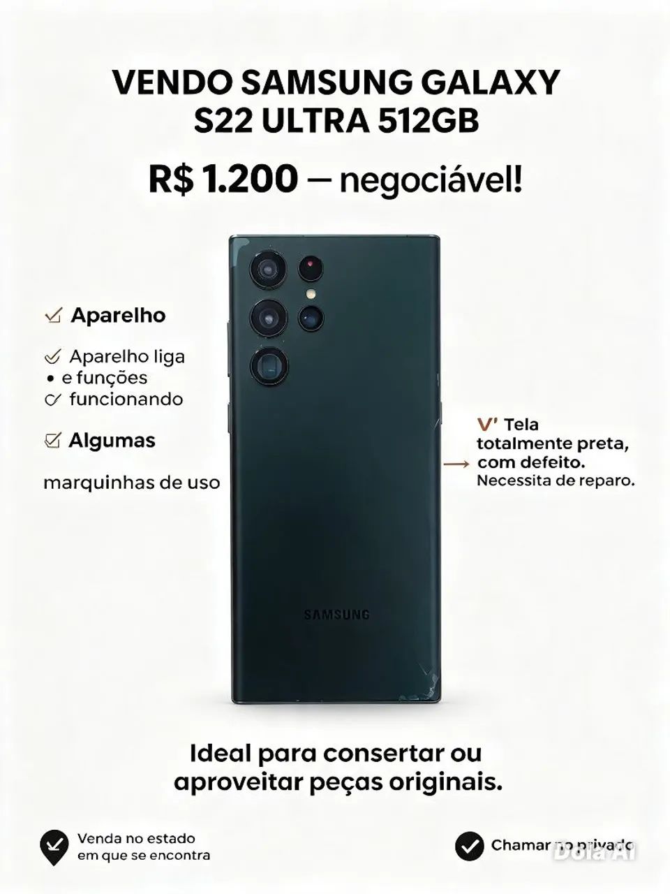 S22 Ultra 512GB - Tela com defeito 