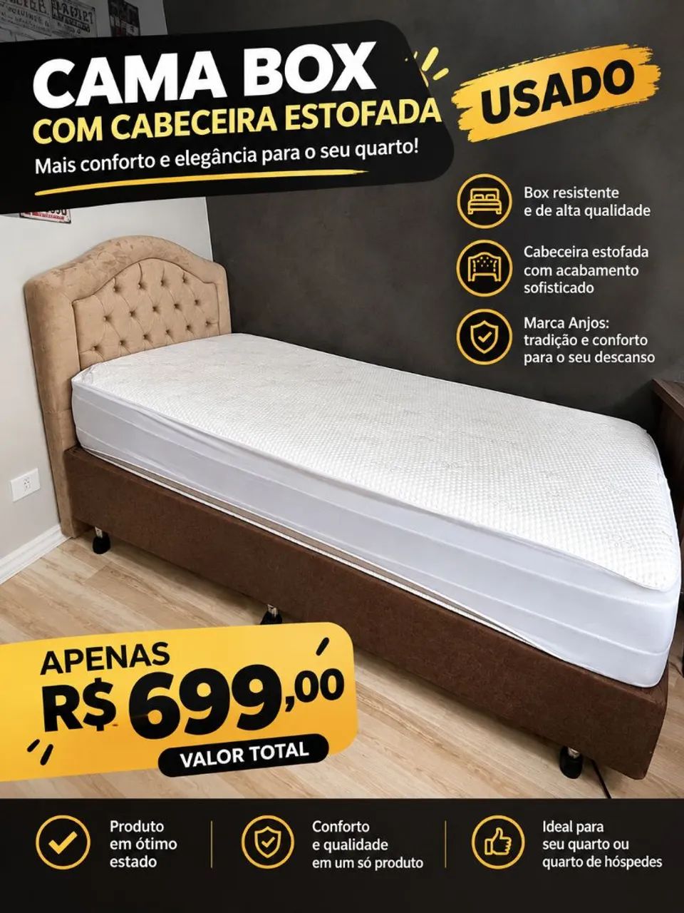 Cama Box, com cabeceira estofada - Usada