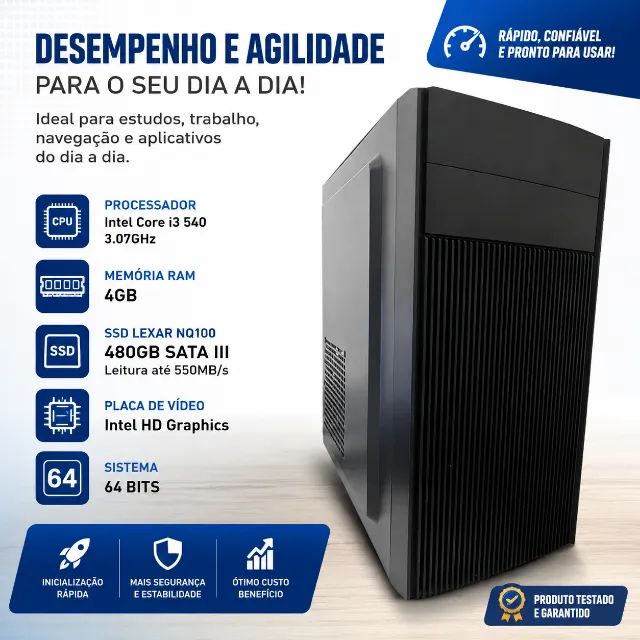 PC Intel Core i3 540 + SSD Lexar 480GB | Semi Novo | Pronto para Uso