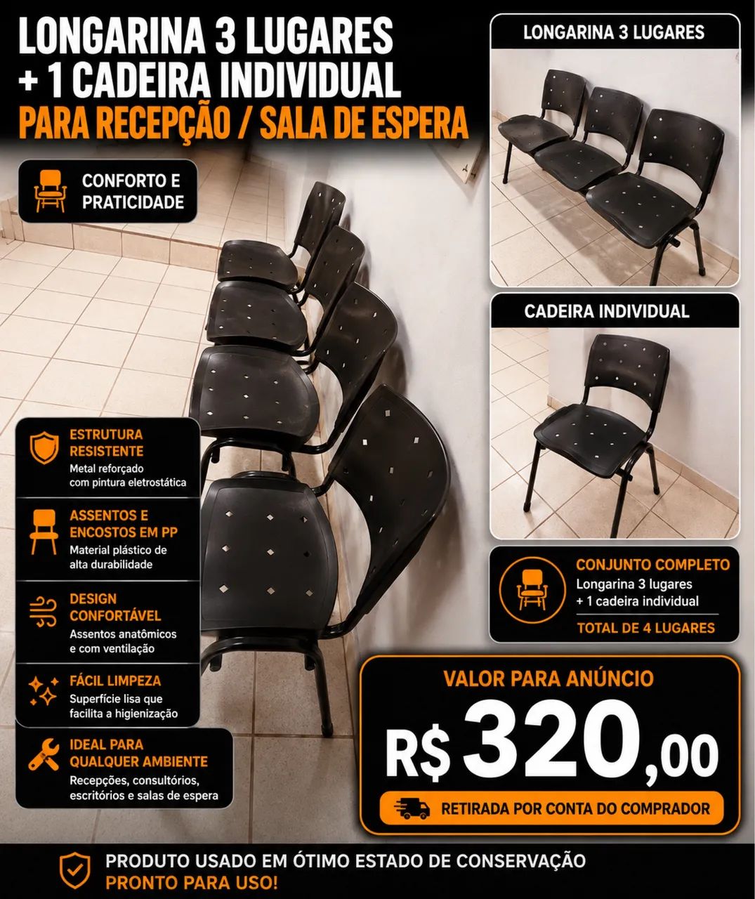 Conjunto de cadeiras para recepção