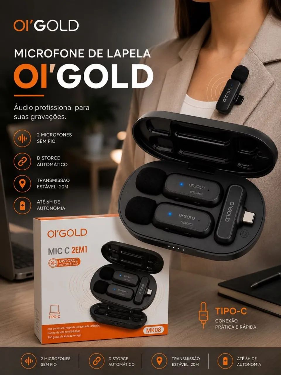 Microfone lapela sem fio duplo Tipo C Excelente qualidade 