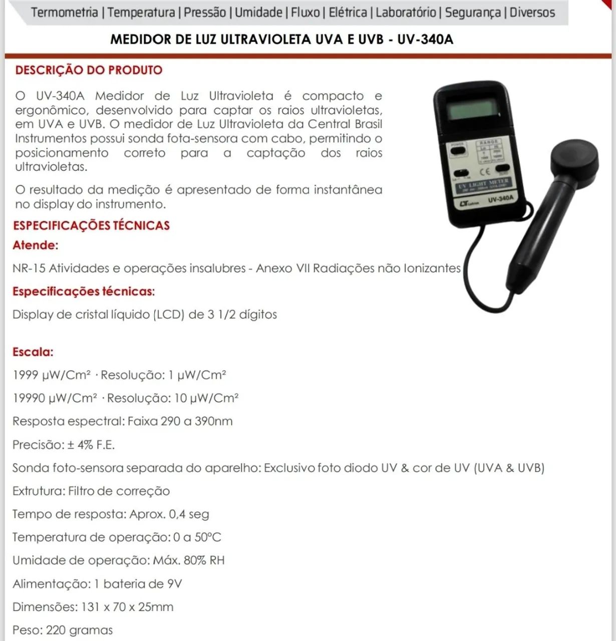 MEDIDOR DE LUZ ULTRAVIOLETA UVA E UVB - MOD. UV-340A . 290 a 390 nm - Foto 2