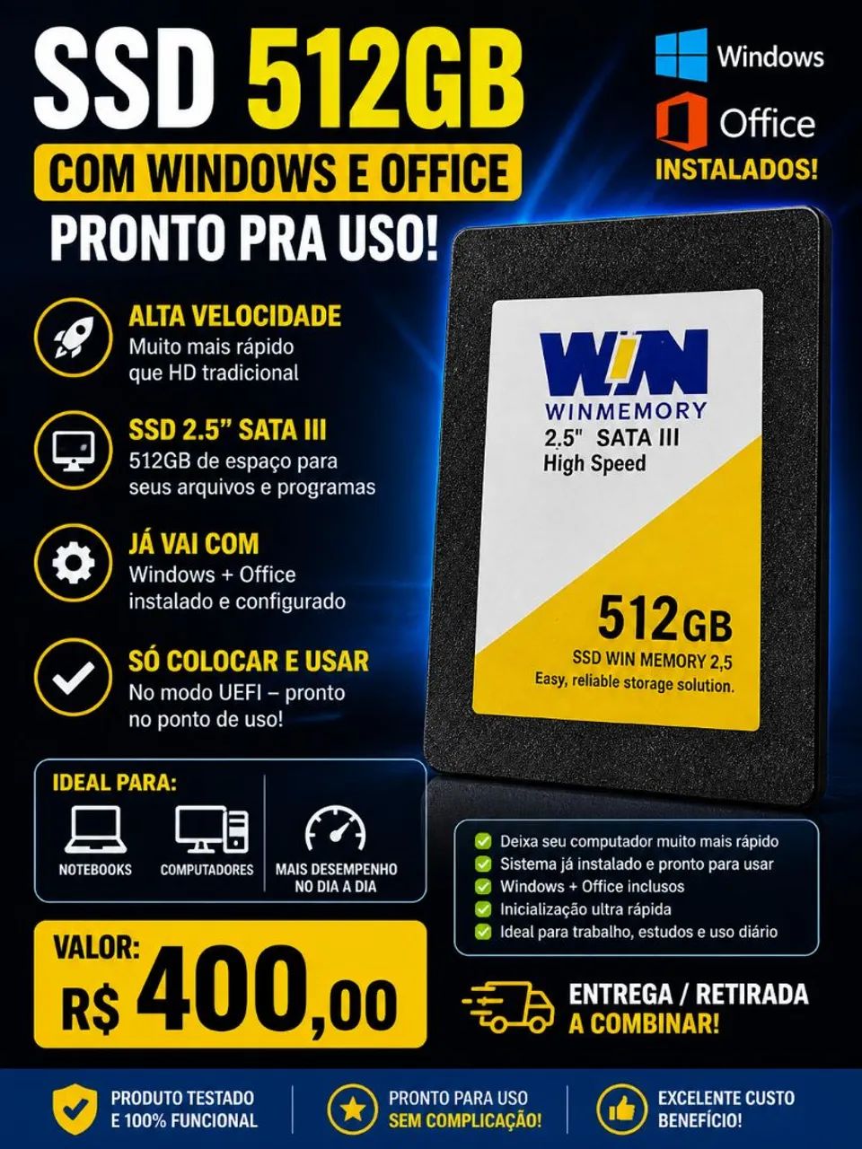 Ssd 512gb 400 reais com Windows 11 e office instalado