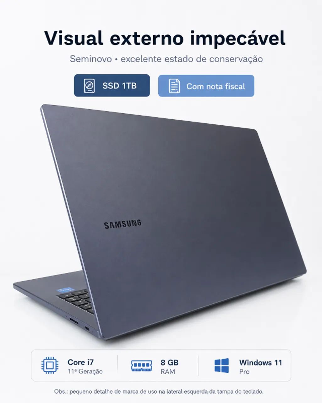 Notebook Samsung Book Core i7 11ª Geração, SSD 1TB, 8GB RAM, Nota Fiscal - Foto 3