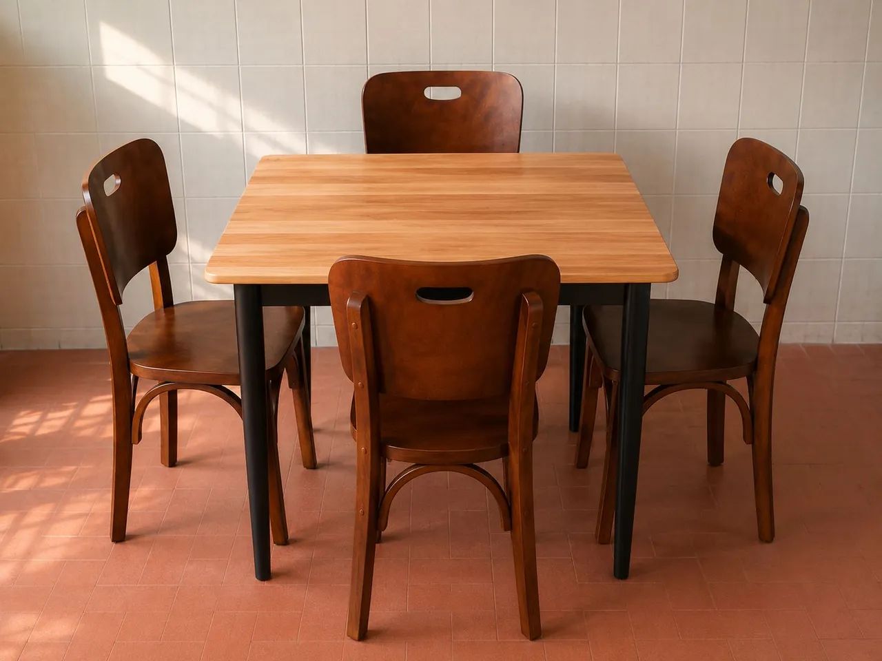 Conjunto Mesa de madeira com 4 cadeiras de madeira 